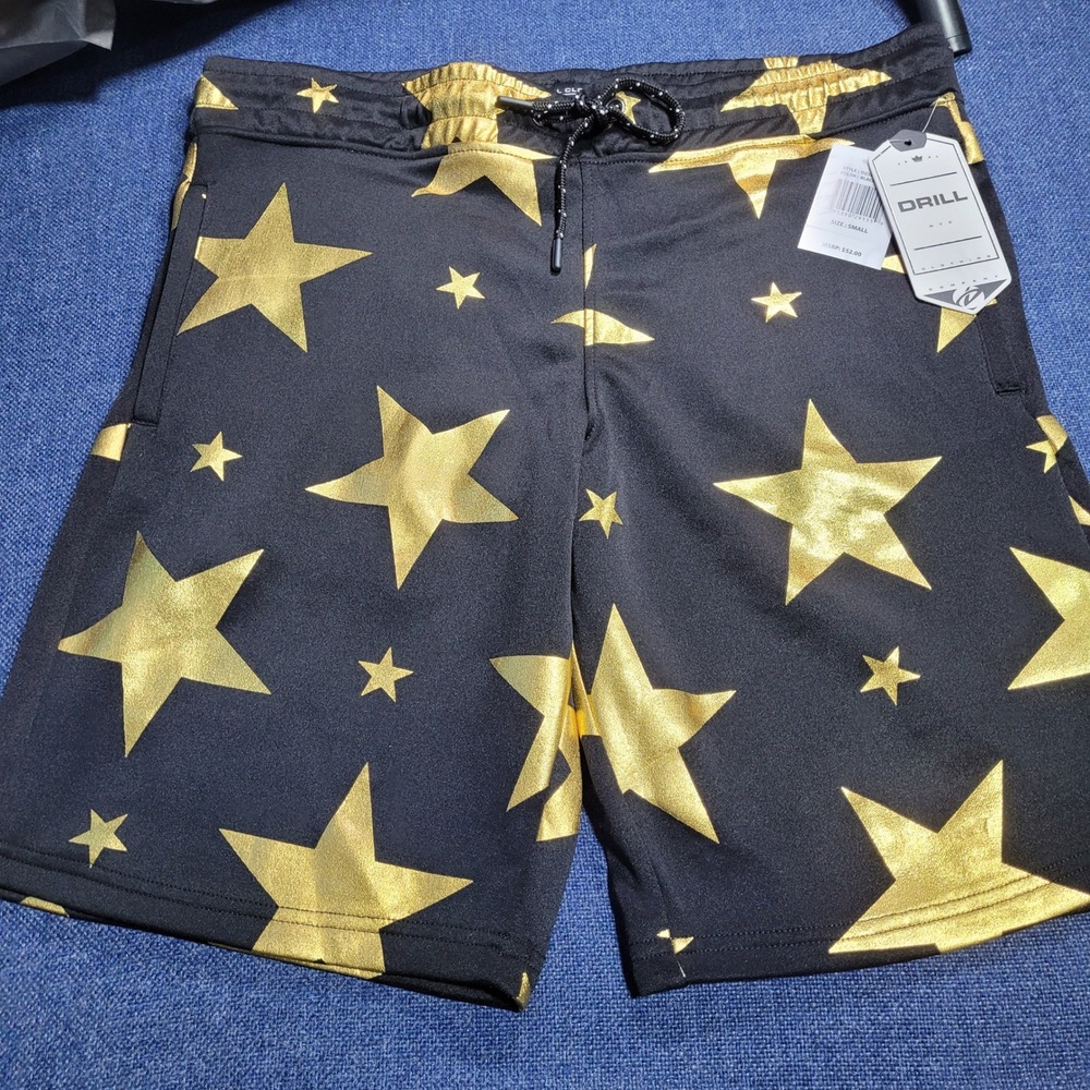 Drill NYC Black Gold Metallic Stars Athletic Shorts M/Small Drawstring Pockets